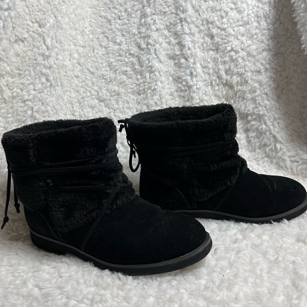 Style & Co Zijune leather suede black Ankle Boots faux fur accent & lining SZ10 - Picture 2 of 9